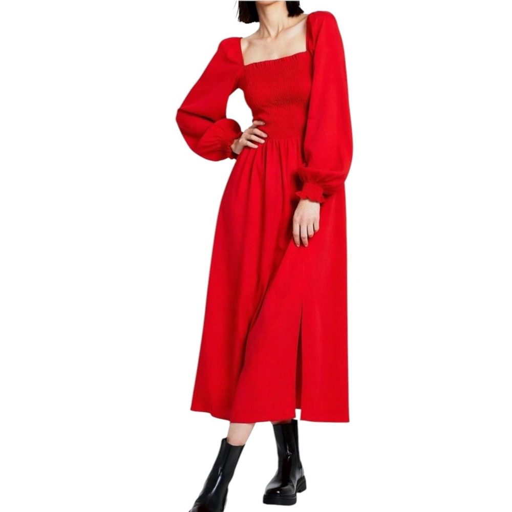 LA LIGNE Red Midi Dress sz L Smocked Bodice Balloon Sleeve Minimalist Workwear - Picture 12 of 12